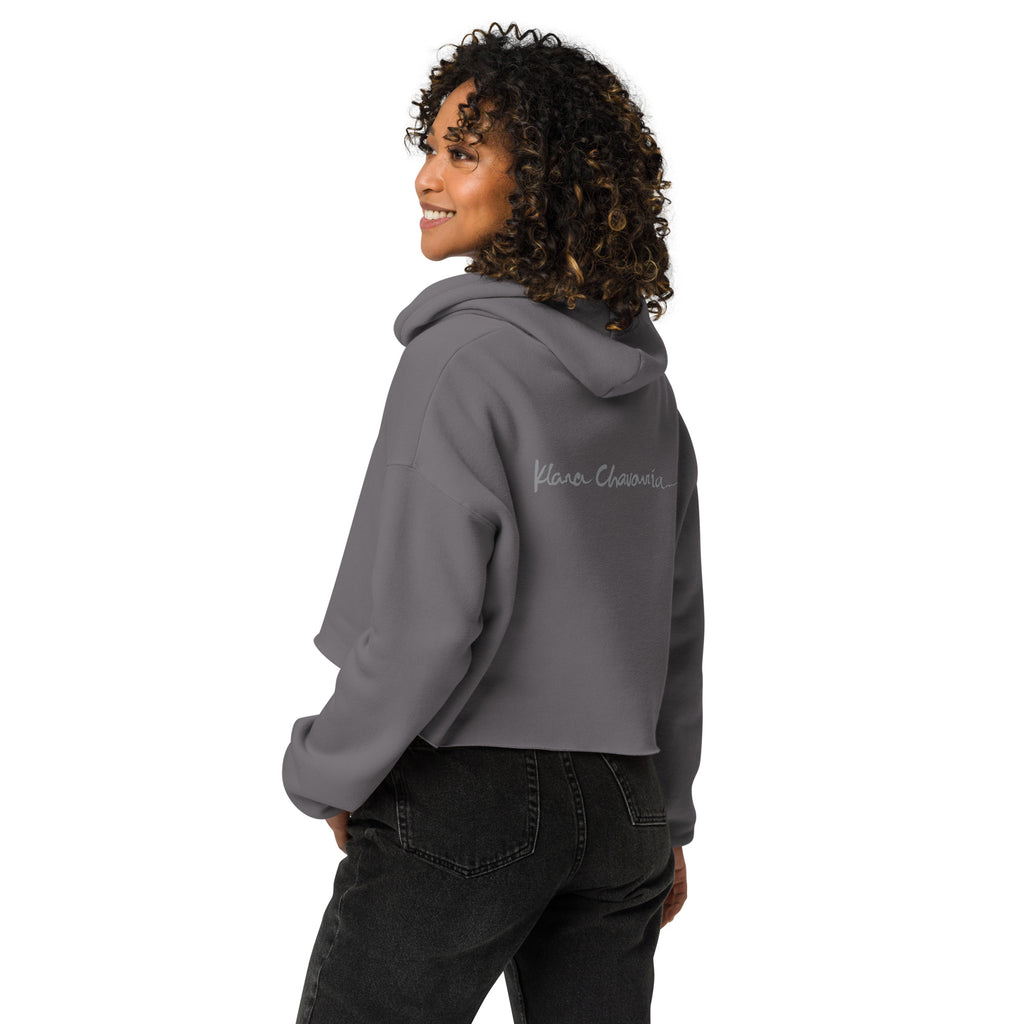 THE GRATEFUL crop hoodie – Storm – back on model with signature