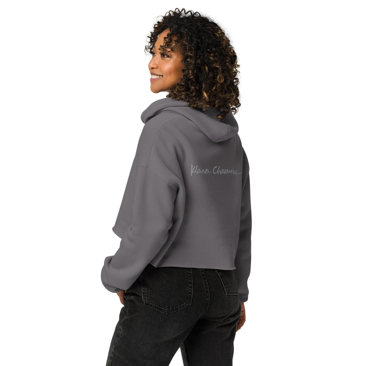 THE GRATEFUL crop hoodie – Storm – back on model with signature