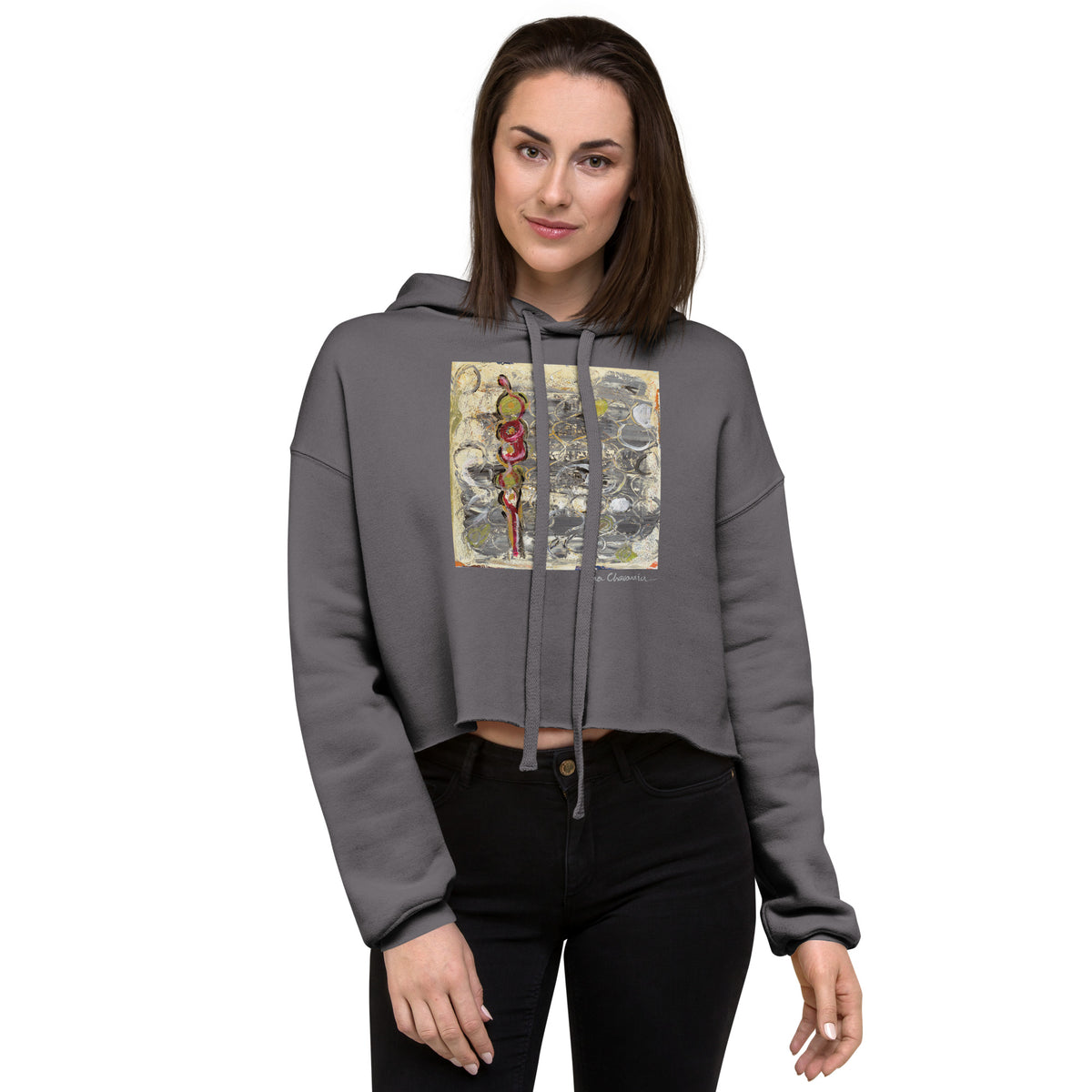 I AM HERE II crop hoodie – Storm – front on model