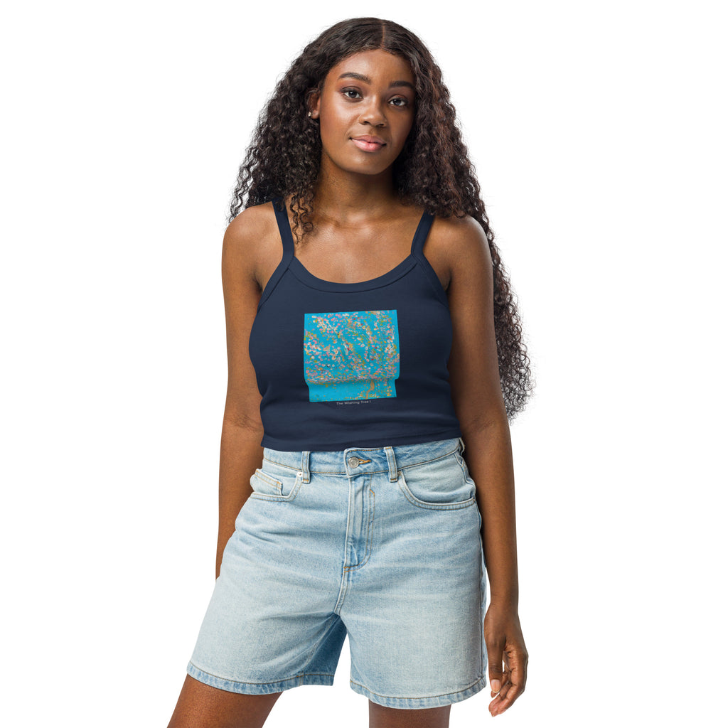 THE WISHING TREE I women's micro-rib tank top in Solid Navy Blend – front on model