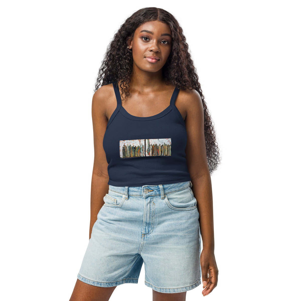 SOCIAL TRANSFORMATION women's micro-rib tank top in Solid Navy Blend – front on model