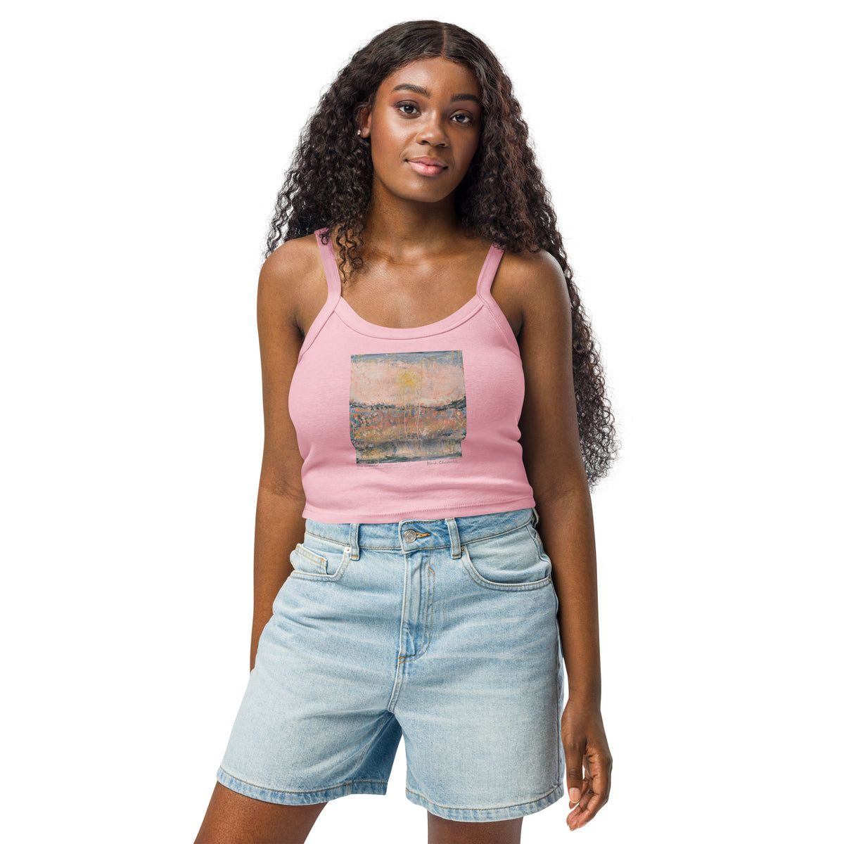THE GRATEFUL women's micro-rib tank top in Solid Pink Blend – front on model
