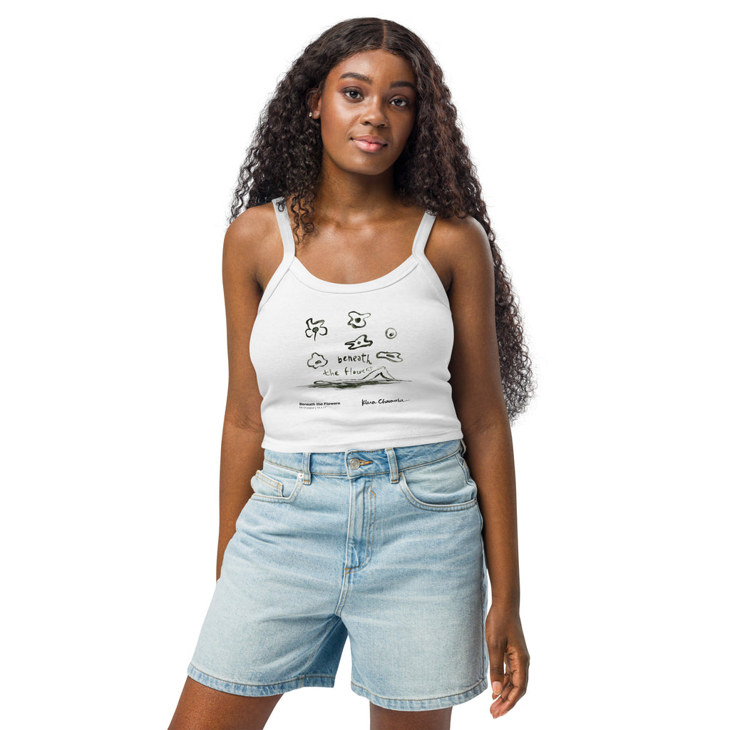BENEATH THE FLOWERS women's micro-rib tank top in Solid White Blend – front on model