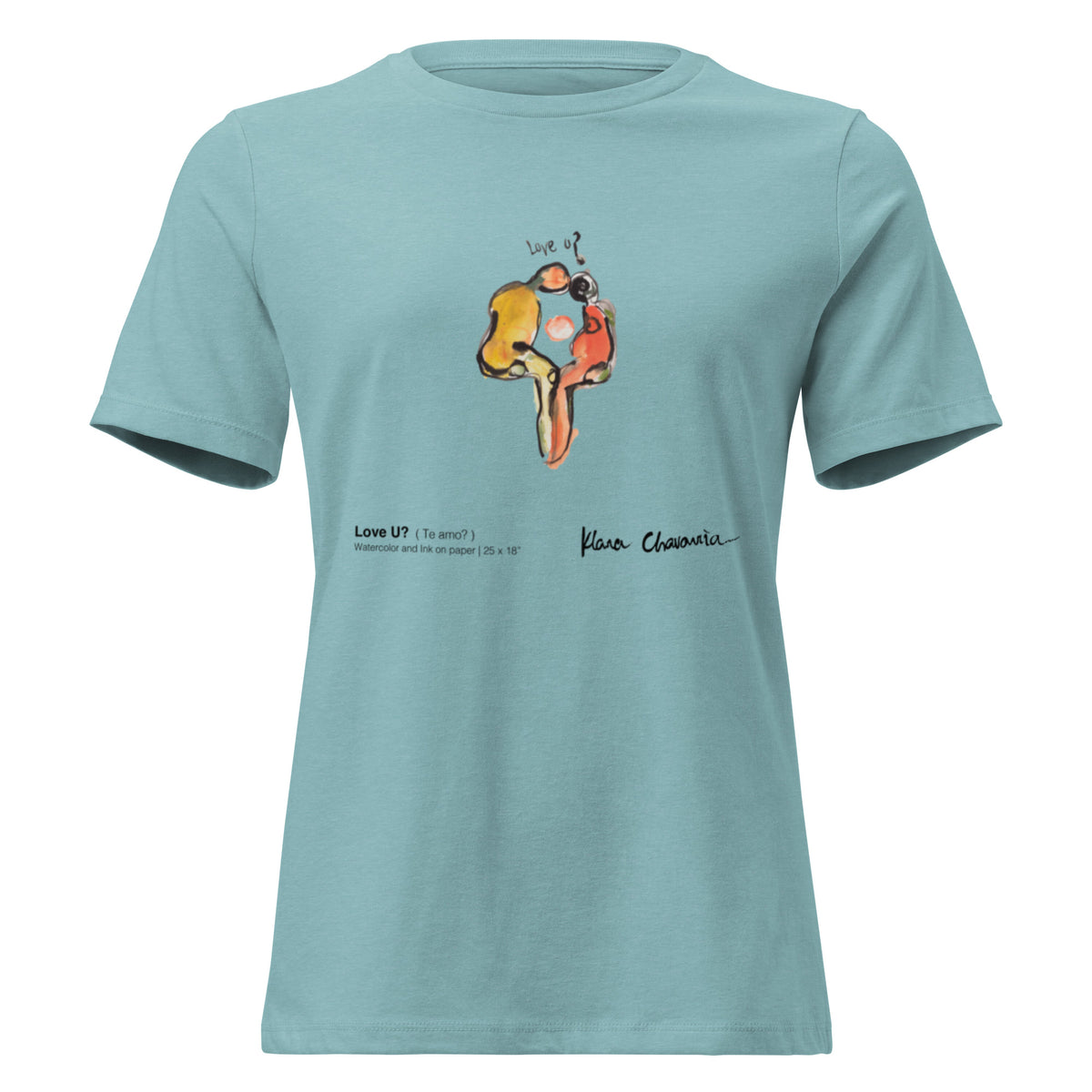 LOVE U? women's relaxed t-shirt – Heather Blue Lagoon – shaped front