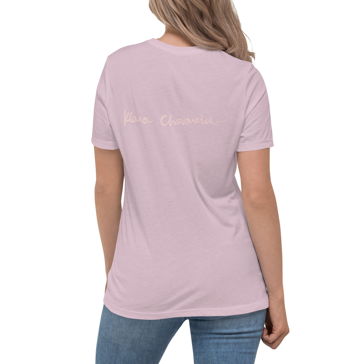 LOVE U? women's relaxed t-shirt – Light Violet – back on model with signature