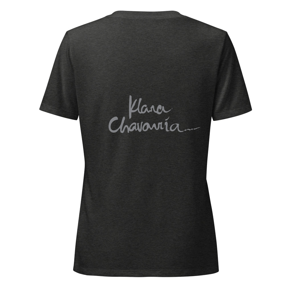 WONDER women's V-neck tee – Dark Grey Heather – flat back with signature