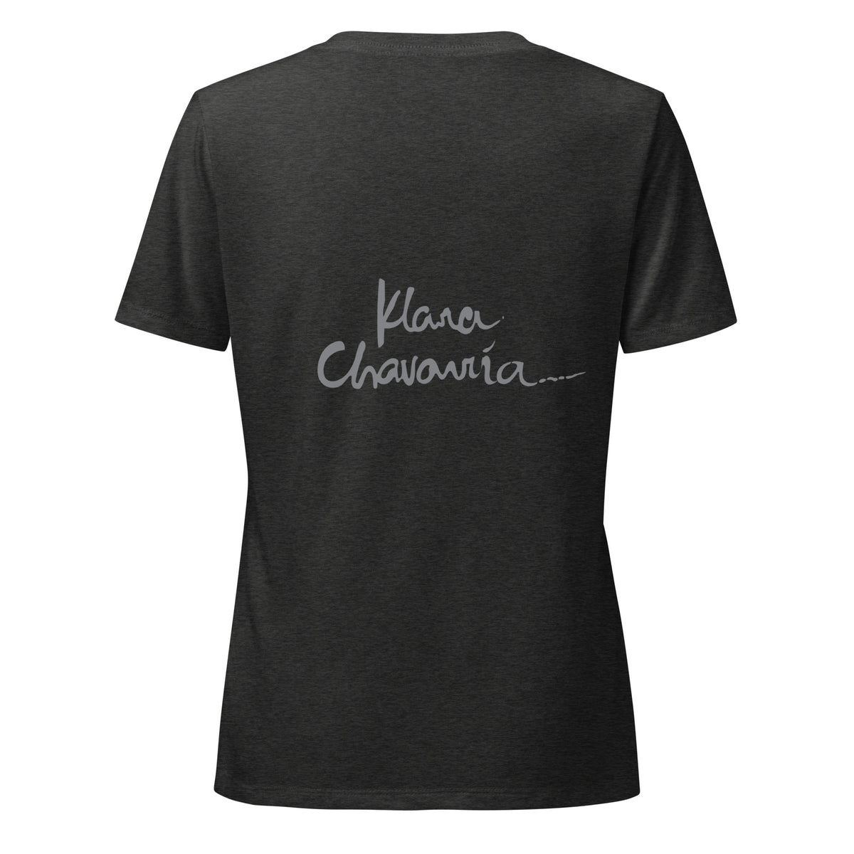 WONDER women's V-neck tee – Dark Grey Heather – flat back with signature
