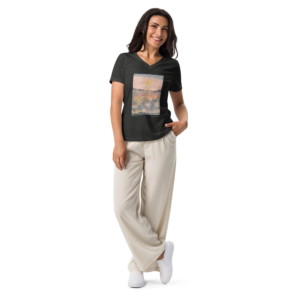 THE GRATEFUL women's relaxed V-neck tee in Dark Grey Heather – front on model