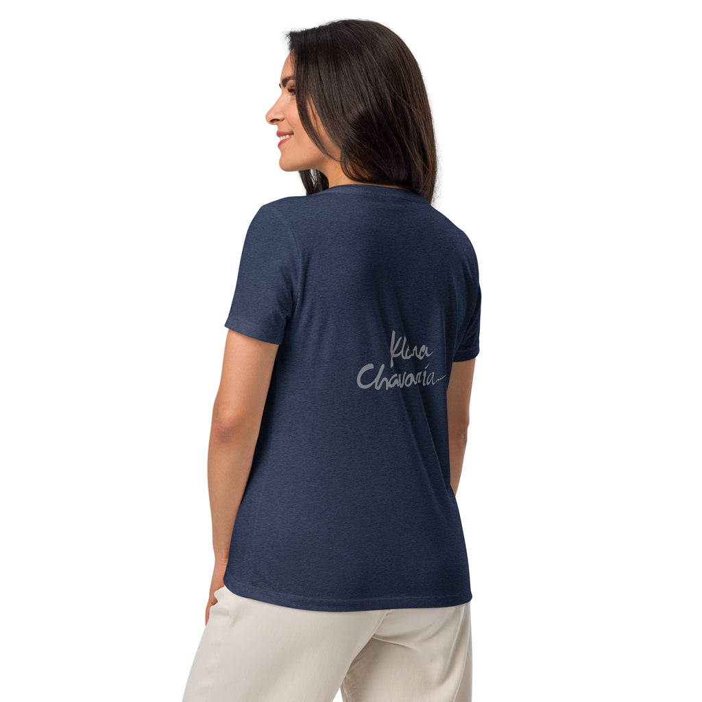 THE SEARCH V-neck tee – Heather Navy – back on model with signature