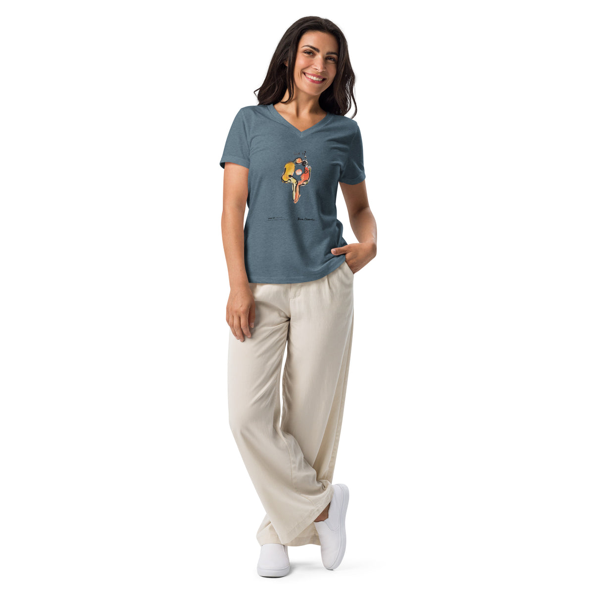 LOVE U? women's relaxed V-neck tee in Heather Slate – front on model