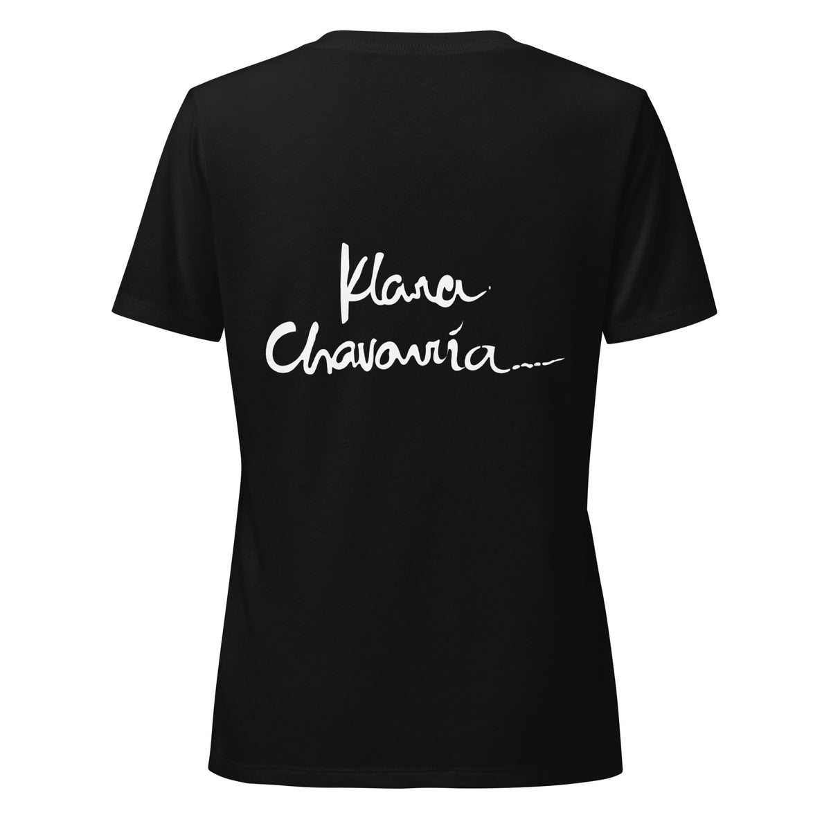 Flat back view of the black tee with a large white Klara Chavarría signature across the shoulders