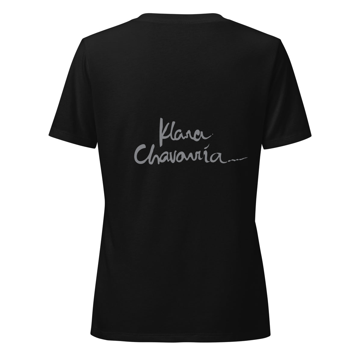 WONDER women's V-neck tee – Solid Black Blend – flat back with signature