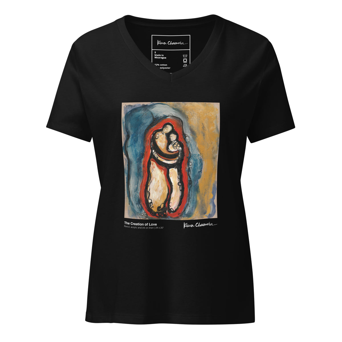 Flat front of the black V-neck tee, print of embracing figures on blue and gold with title caption below