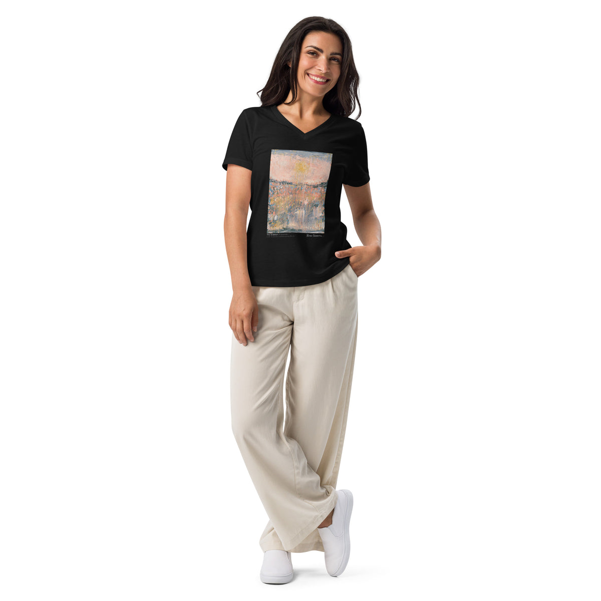 THE GRATEFUL women's relaxed V-neck tee in Solid Black Blend – front on model