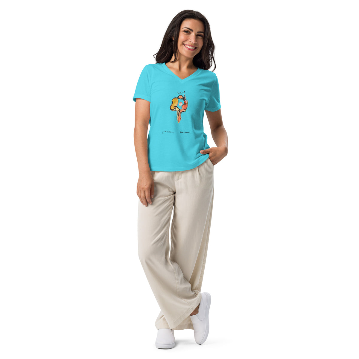 LOVE U? women's relaxed V-neck tee in Turquoise – front on model