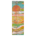 Yoga mat with an orange sun, pink flower and figures in a boat over pastel waves, GARDEN OF ILLUSIONS by Klara Chavarría