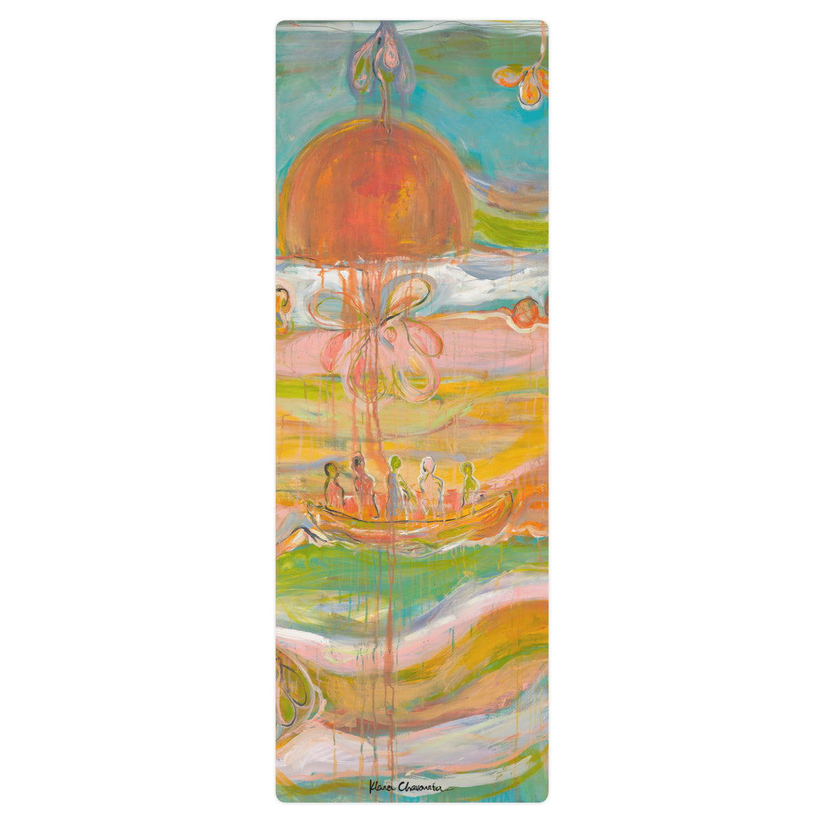 Yoga mat with an orange sun, pink flower and figures in a boat over pastel waves, GARDEN OF ILLUSIONS by Klara Chavarría