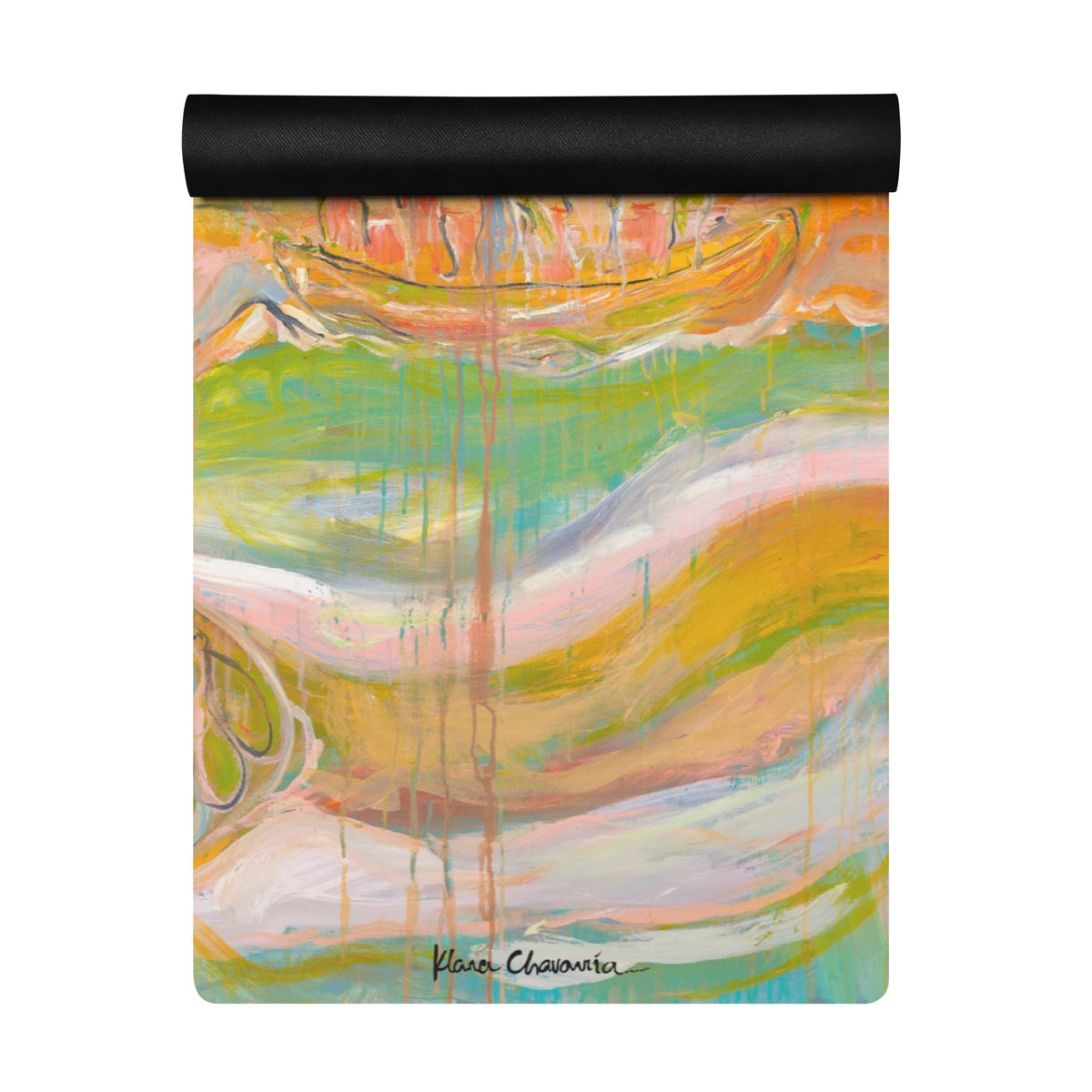 Mat partly rolled at the top, showing green, pink and gold waves with drips and a black signature