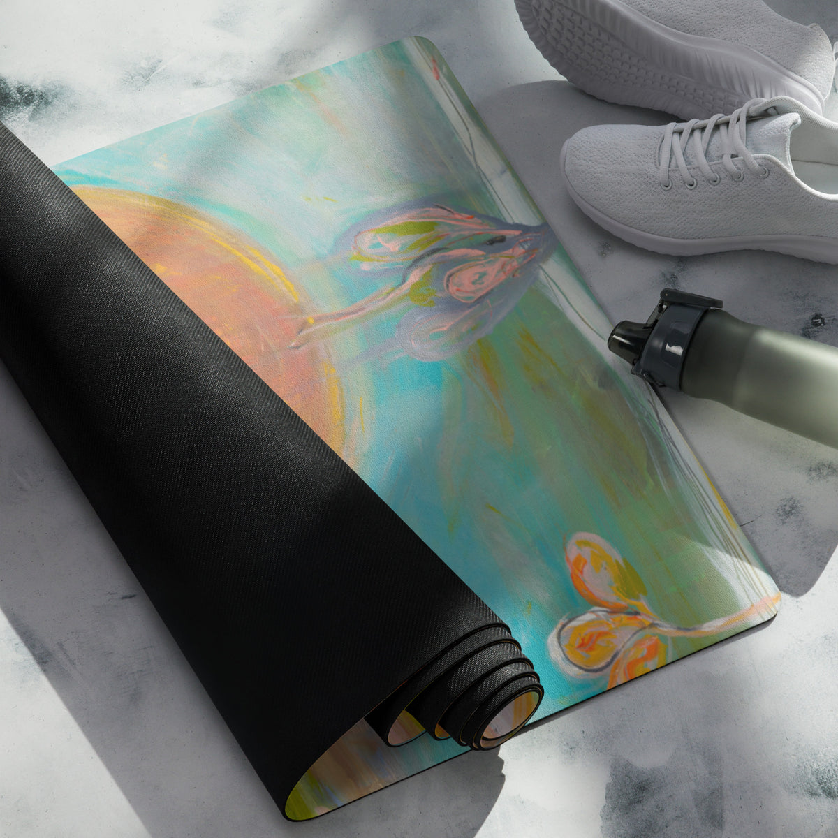 Mat half unrolled on marble beside white sneakers and a water bottle, turquoise and orange paint
